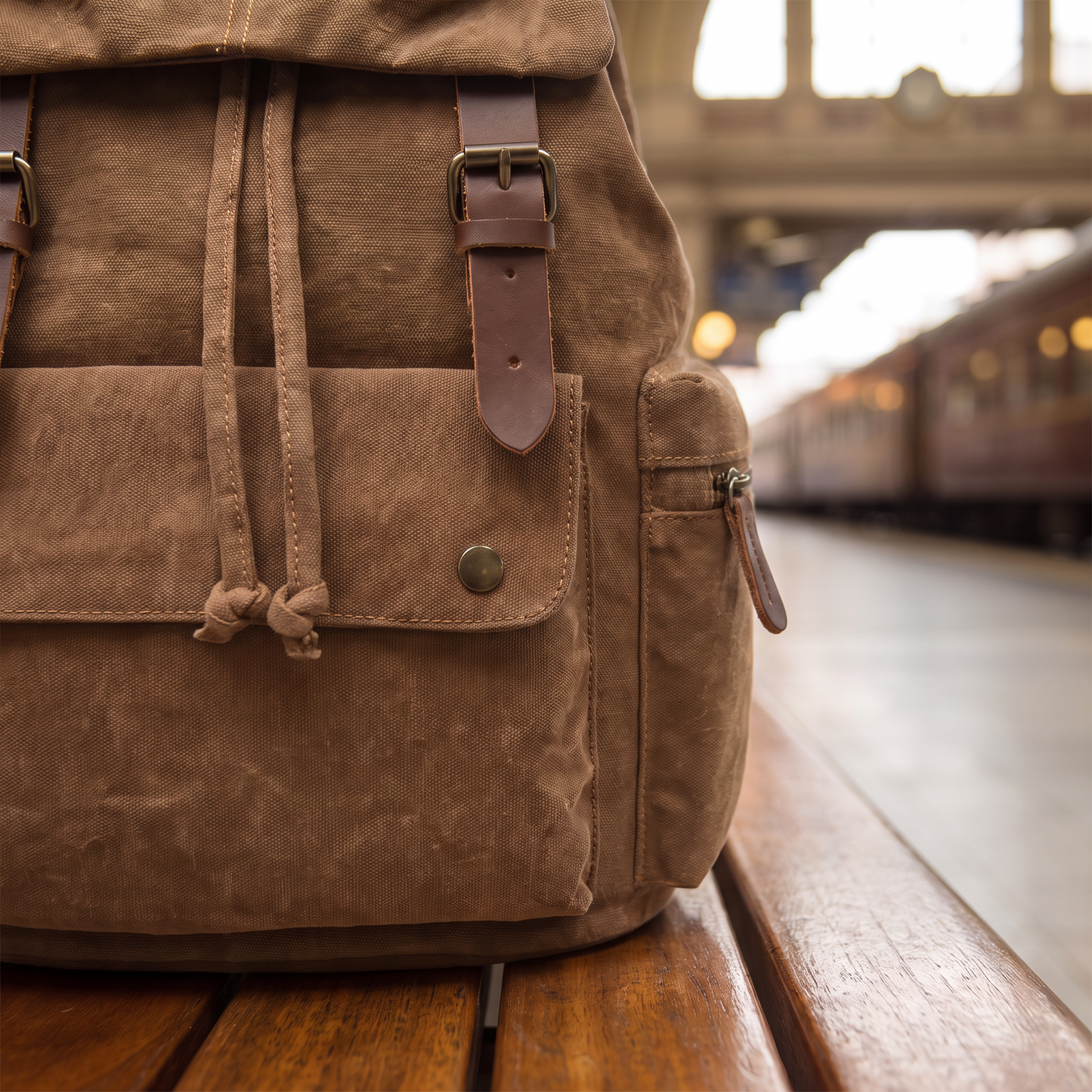 Explorer Canvas Backpack detail - close-up of the front cargo pocket and buckle