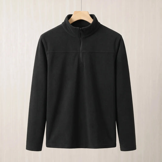 Black brushed fleece half zip pullover on a wooden hanger, front view