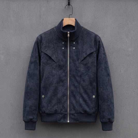 Dark blue suede bomber jacket with ribbed stand collar on a wooden hanger, front view