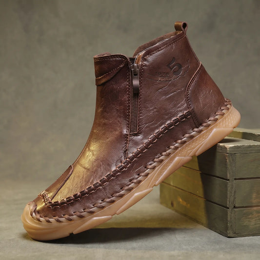 Moccasin Seam Boots for men in dark brown, hand stitched leather ankle boot with gum sole