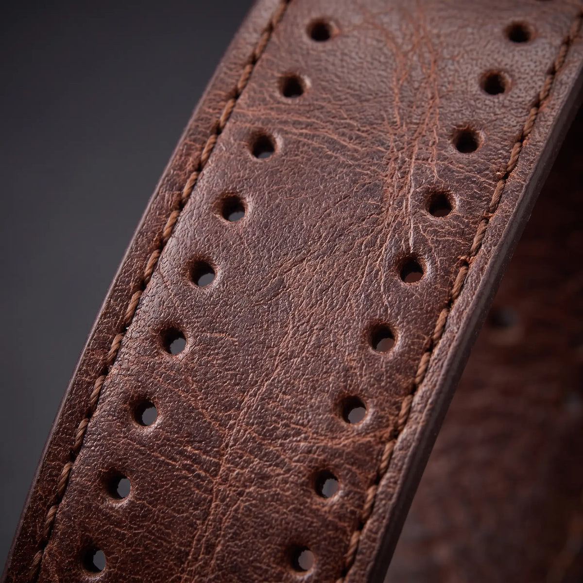 Macro close up of the rows of punched holes and stitched edge on the Punched Hole Belt