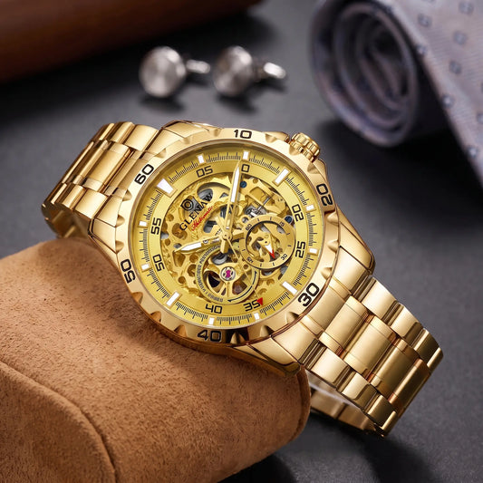 Self Winding Watch in full gold with a skeleton dial