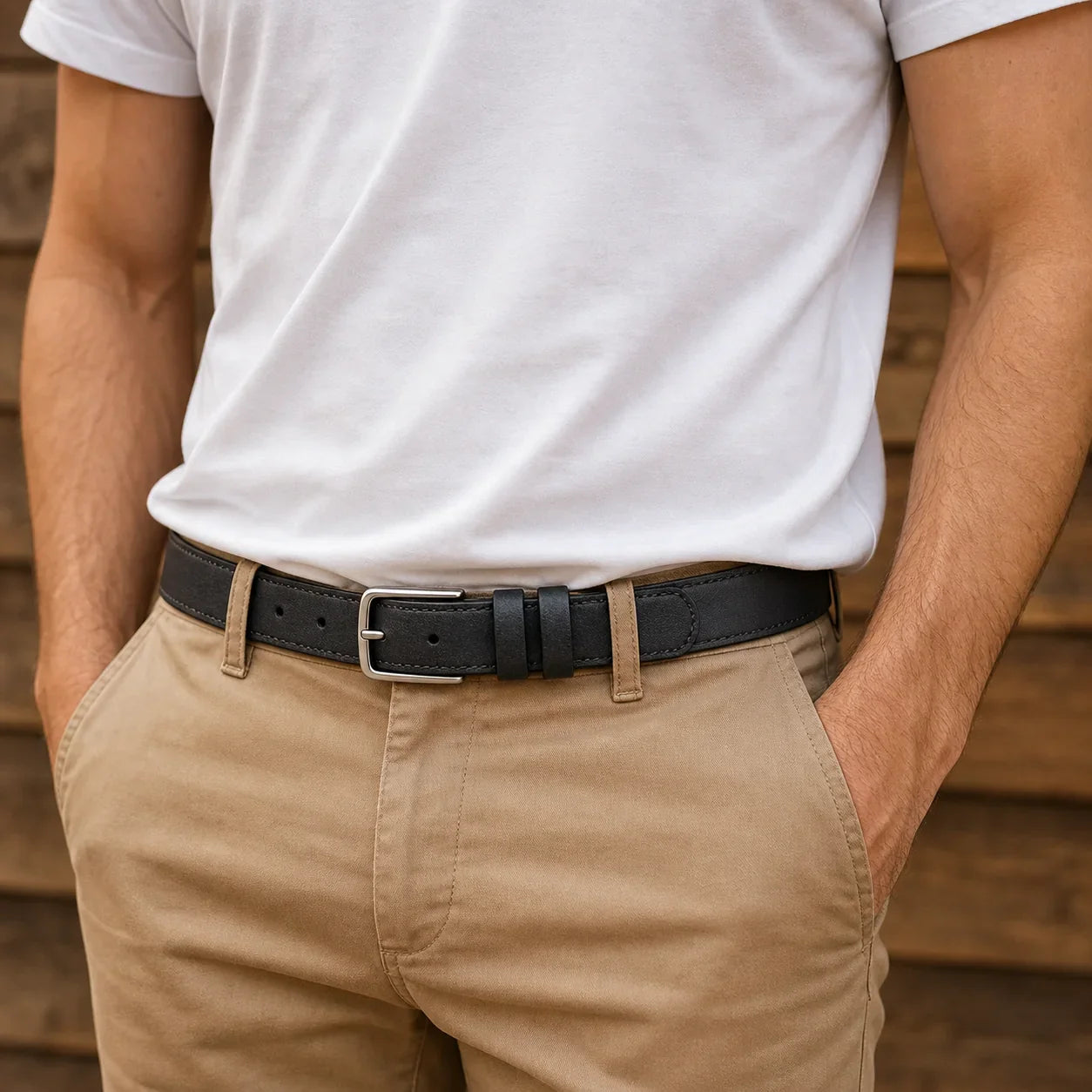Black Timeless Metal Buckle Belt worn with chinos