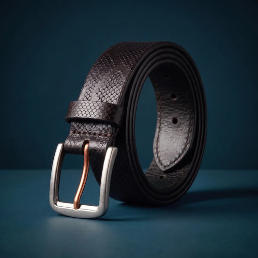 Two Tone Buckle Belt in black cowhide with pressed scale texture, silver buckle and copper prong