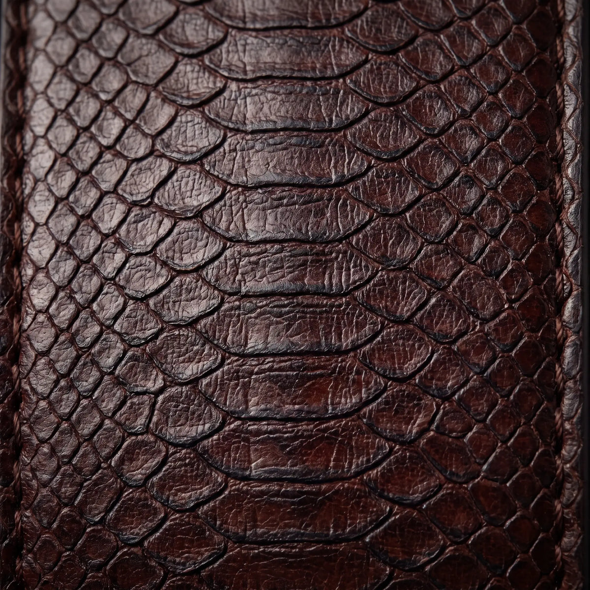 Macro close up of the pressed snake scale texture in the leather on the Two Tone Buckle Belt