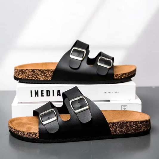 Soft Cork Two-Buckle Slippers