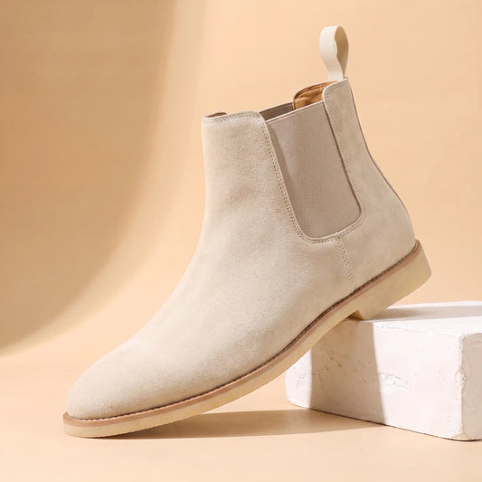 Webbing Tab Boots in cream, a leather Chelsea boot with a cream heel pull loop