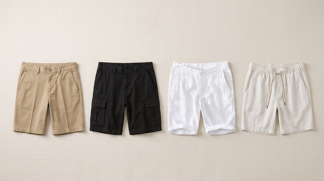 Four men's summer shorts styles laid out together: chino, cargo, linen and casual drawstring