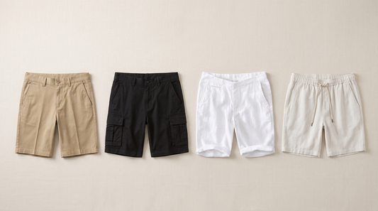 Four men's summer shorts styles laid out together: chino, cargo, linen and casual drawstring