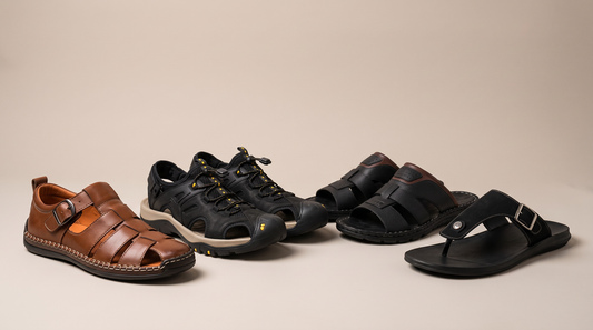 Four men's summer sandal styles arranged together: leather buckle sandal, outdoor sandal, leather slide and suede flip