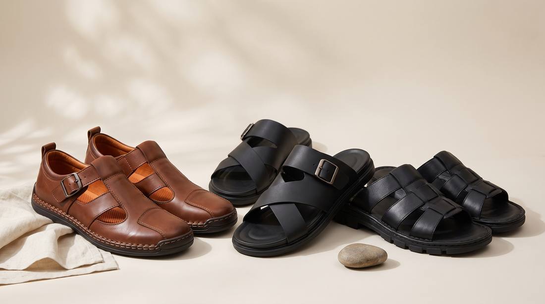 Three men's leather sandals styled together for a summer outfit