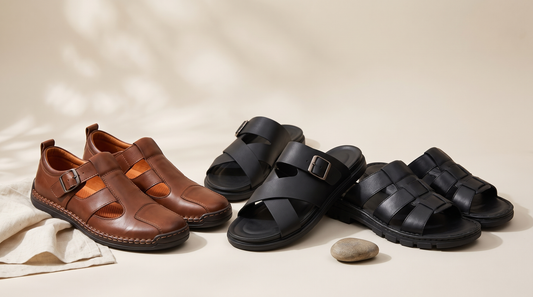 Three men's leather sandals styled together for a summer outfit