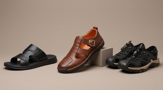 Three men's sandals for different occasions: beach slide, leather city sandal and rugged travel sandal
