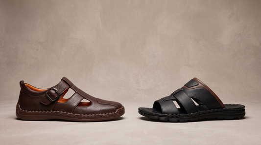 A men's leather buckle sandal next to a leather slide, side by side