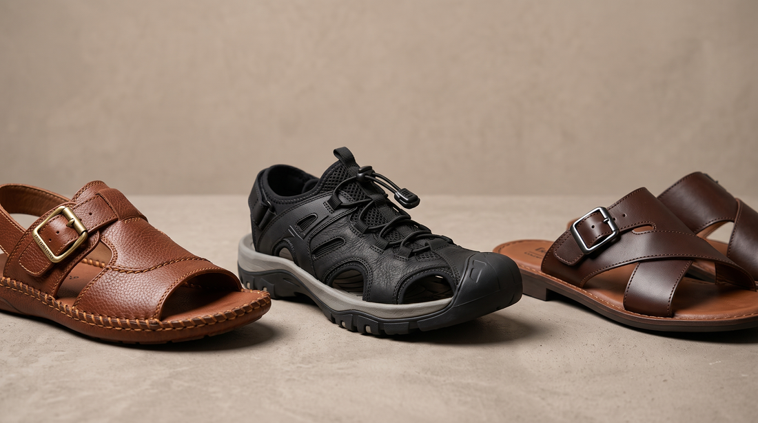Three quality men's leather sandals showing leather grain, stitching and buckle detail