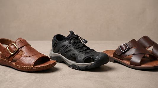 Three quality men's leather sandals showing leather grain, stitching and buckle detail