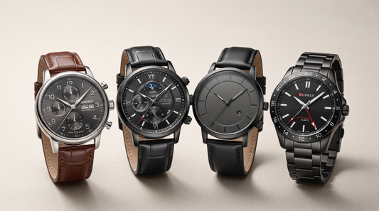 Four men's watches from the Adam and Westcott collection arranged together: automatic, moon phase, minimalist and steel GMT