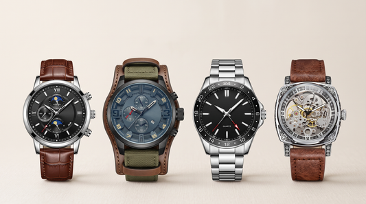 Four men's watch styles arranged together: dress, field, GMT and skeleton
