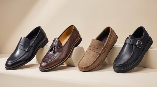 Four men's loafer styles arranged together: penny, tassel, suede driving and buckle strap