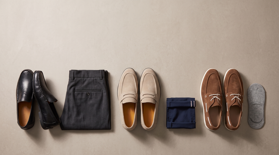 Men's loafers styled with tailored trousers, chinos and no-show socks