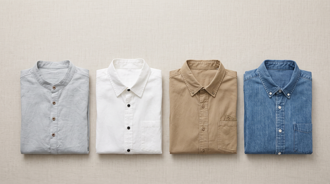 Four folded men's shirts showing cotton, linen, oxford and denim fabric textures