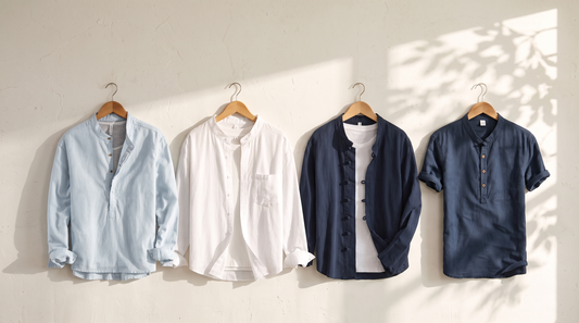 Men's linen shirts on wooden hangers in bright summer light