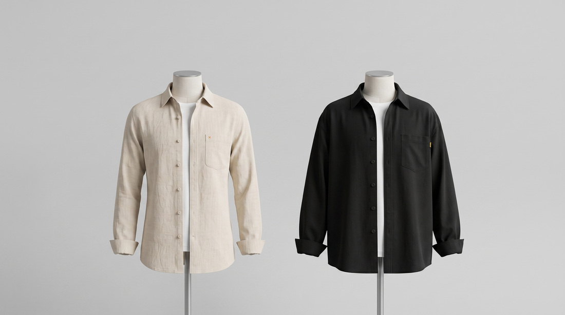 Two men's shirts on dress forms showing a slim fit and a relaxed fit side by side