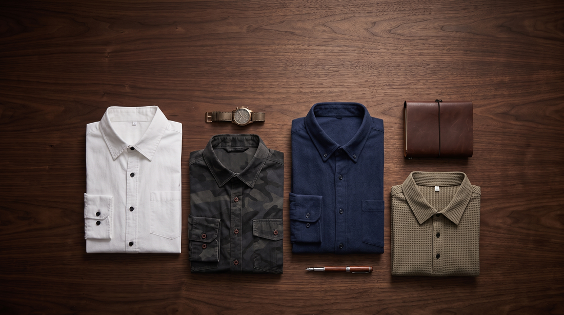 Men's business casual shirts folded on a dark walnut desk with a watch and notebook