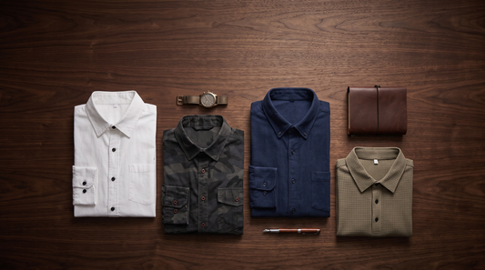 Men's business casual shirts folded on a dark walnut desk with a watch and notebook