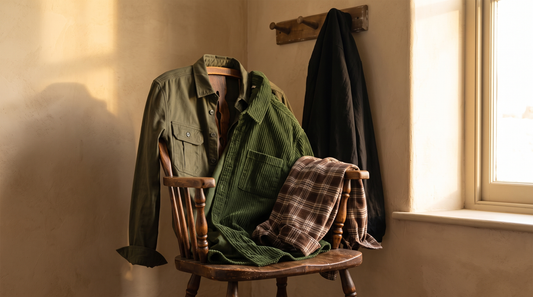 Men's overshirts and shackets draped over a wooden chair in warm light