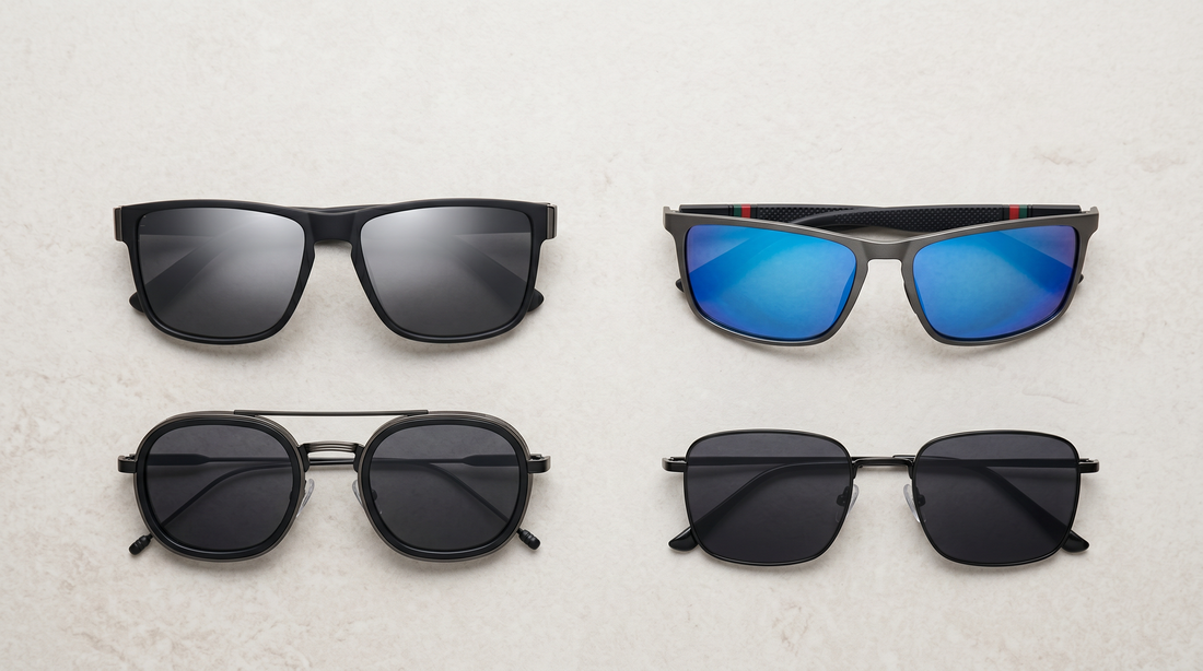 Four men's sunglasses styles arranged in a flat-lay grid: square, metal, sport and retro