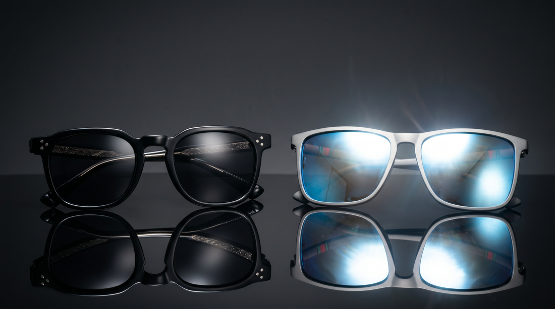 Polarized and non-polarized sunglasses side by side showing the difference in glare