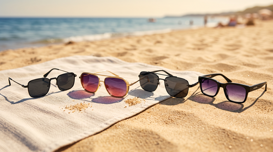 Men's sunglasses resting on golden sand at the beach in bright summer sun