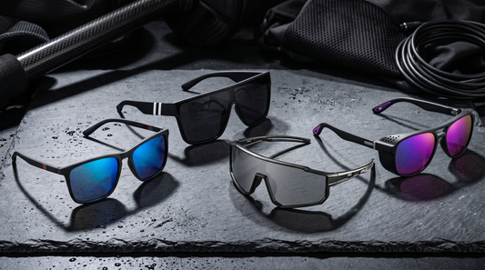 Men's sport and cycling sunglasses on a dark slate surface under dramatic side light
