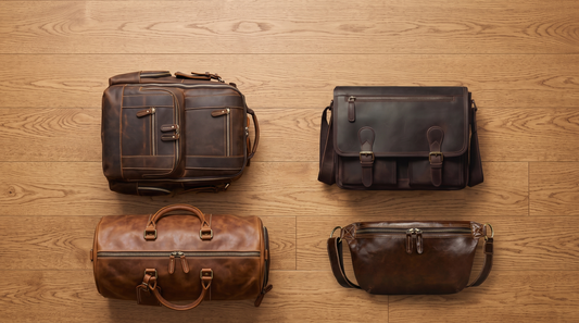 Four types of men's leather bags in a flat-lay: backpack, briefcase, weekender and crossbody