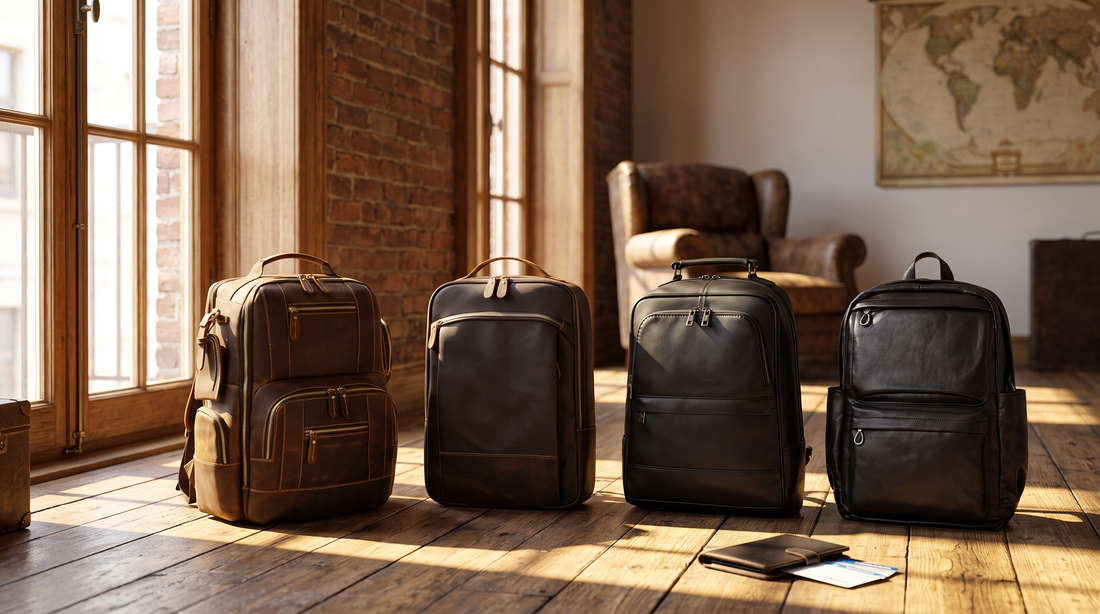 Leather travel backpacks lined up beside a sunlit window
