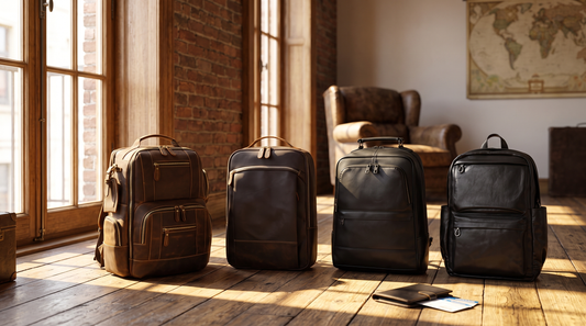 Leather travel backpacks lined up beside a sunlit window