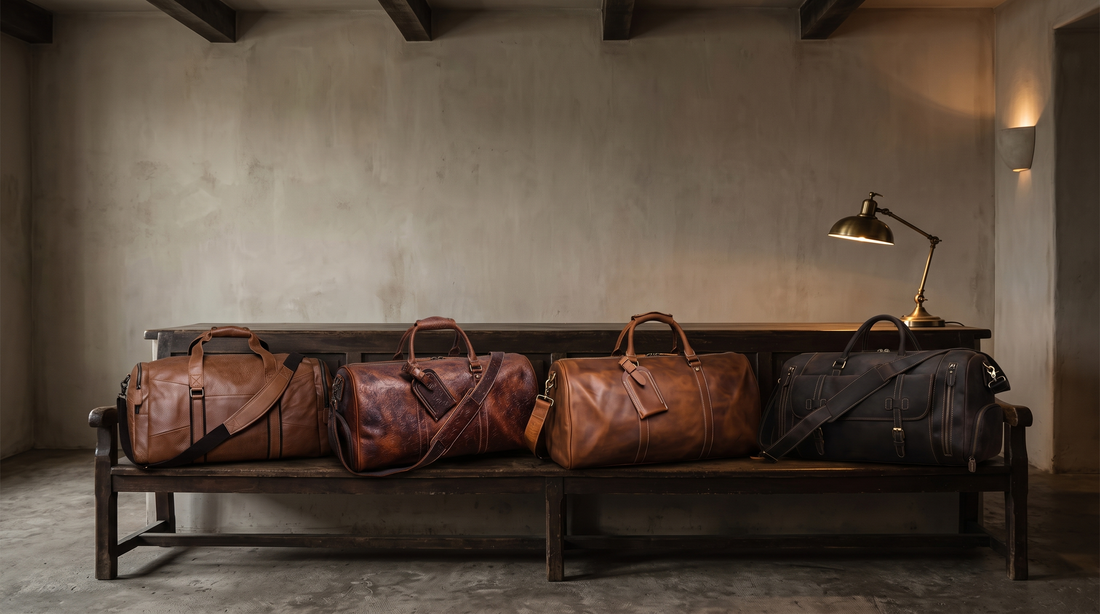Leather weekender and duffel bags resting on a bench in a hotel lobby