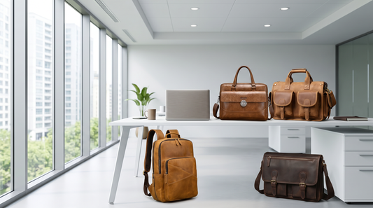 Men's work bags around a minimal office desk: laptop backpack, briefcase and messengers