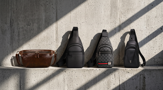 Men's crossbody and sling chest bags on a concrete ledge in hard sunlight