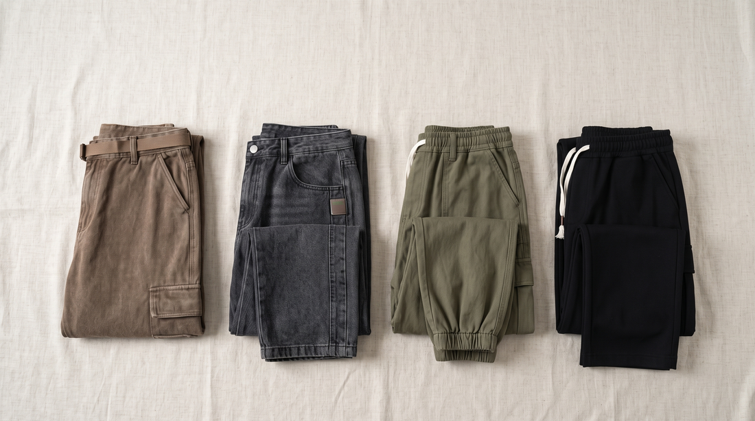 Four men's pants fits folded on linen: cargo, wide-leg, jogger and loose fit