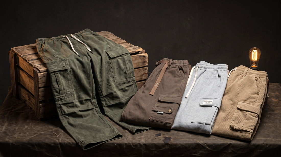 Men's cargo pants styled on a dark canvas surface with workwear props
