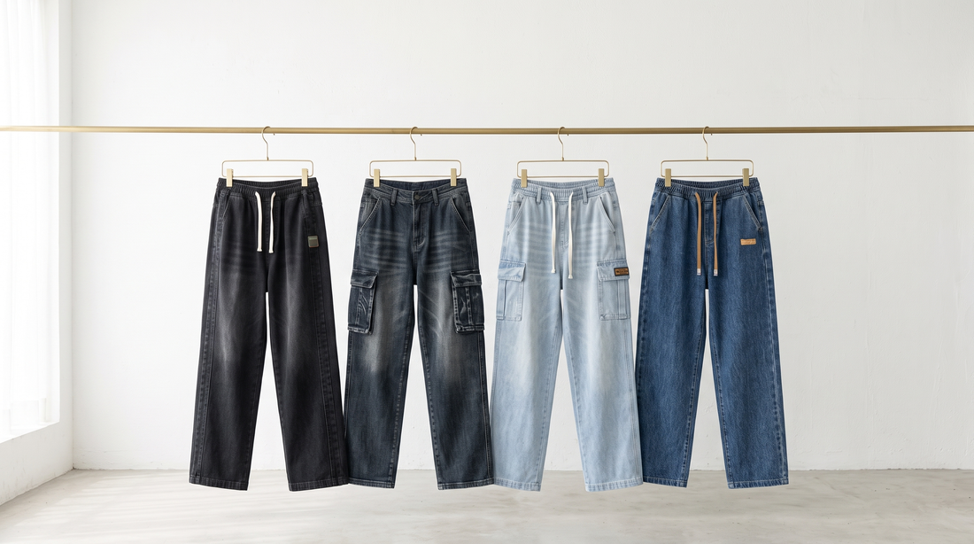 Men's wide-leg pants hanging on a brass rail against a white studio wall
