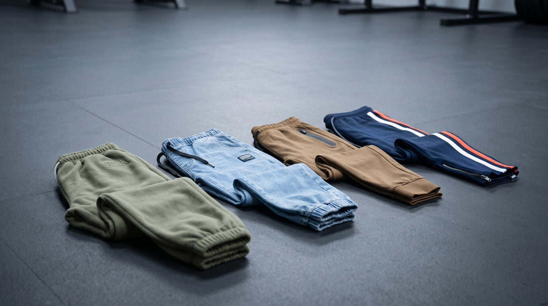 Men's joggers, sweatpants and training pants laid out on a dark gym floor