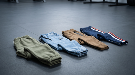 Men's joggers, sweatpants and training pants laid out on a dark gym floor