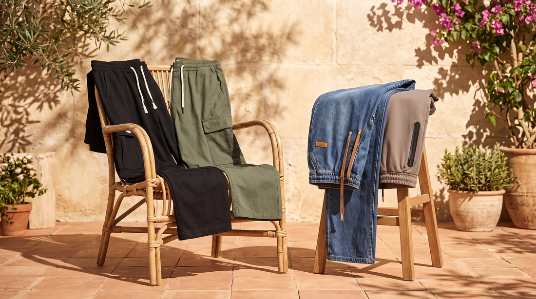 Lightweight men's summer pants draped over a rattan chair on a sunny patio