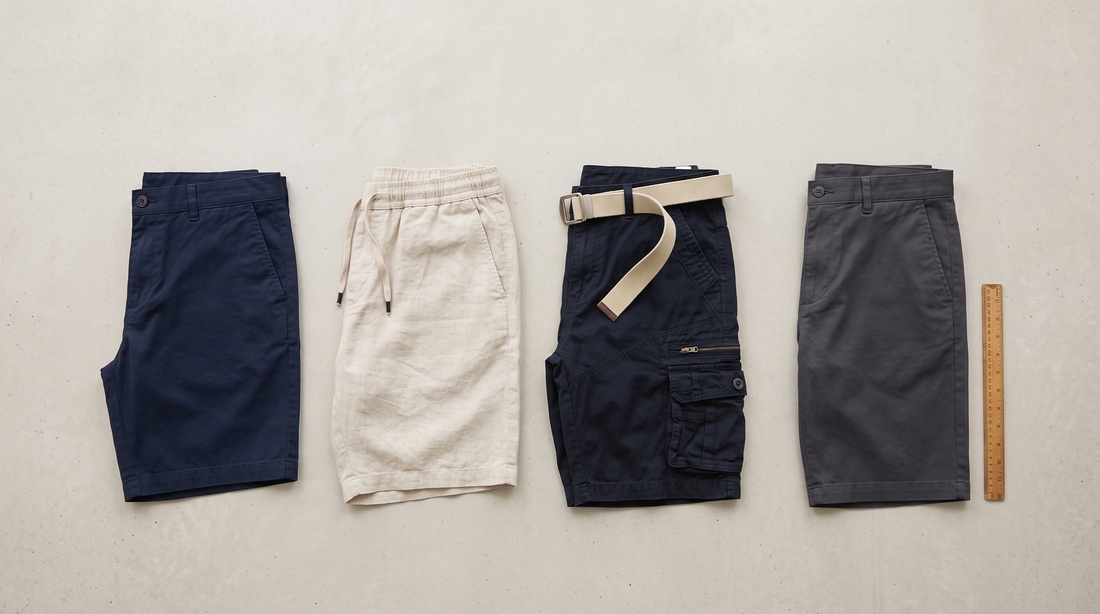 Four pairs of men's shorts arranged by inseam length on pale concrete
