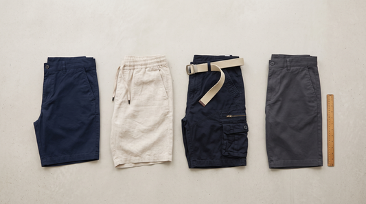 Four pairs of men's shorts arranged by inseam length on pale concrete