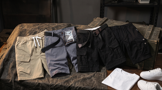 Men's cargo shorts styled on dark canvas beside a wooden crate