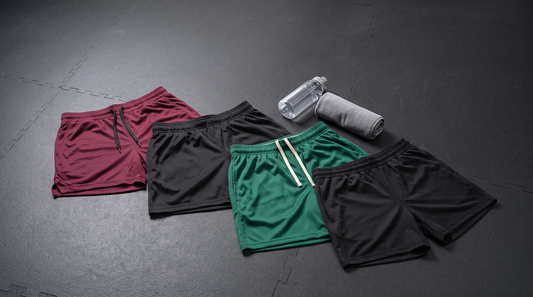 Men's athletic and gym shorts arranged on a dark gym floor